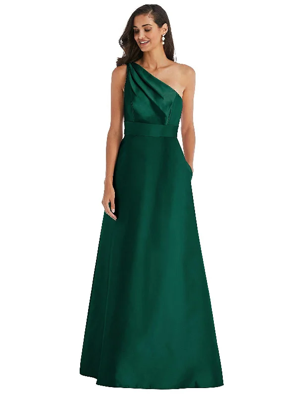 Weekend Only Sale Draped One-Shoulder Satin Maxi Dress with Pockets