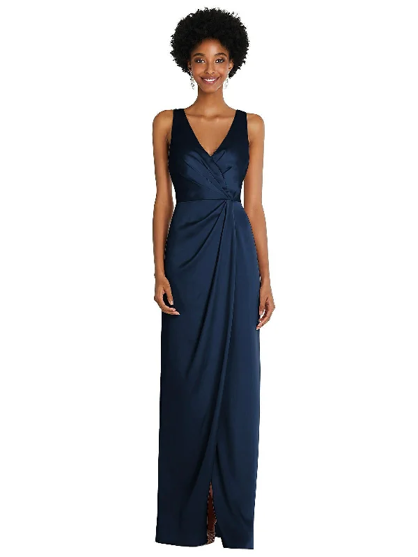 Seasonal Discounts Faux Wrap Whisper Satin Maxi Dress with Draped Tulip Skirt