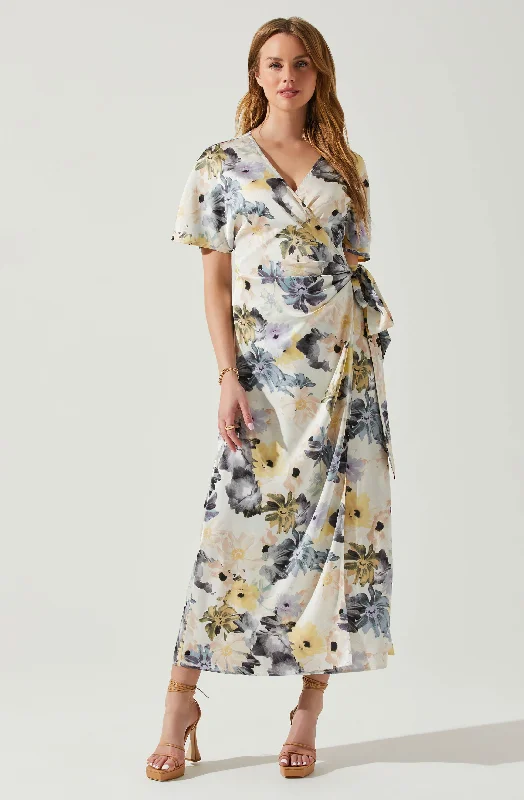 Clearance Event Floral Short Sleeve Wrap Front Maxi Dress