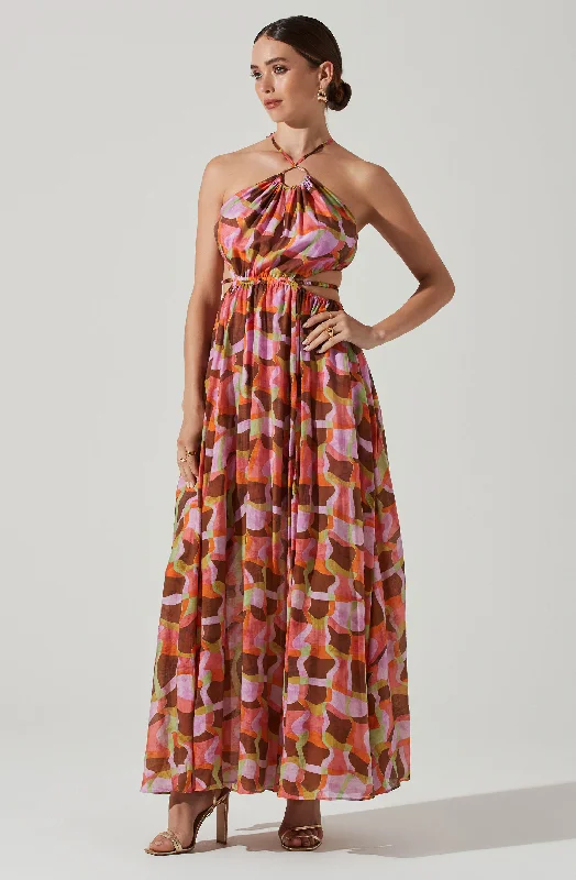 Super Deal Sivana Halter Neck Geo Print Maxi Dress