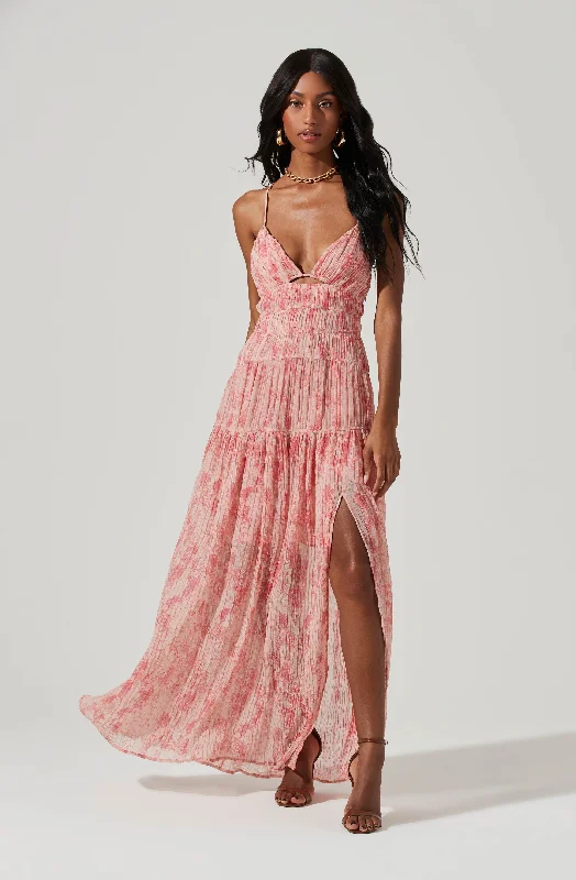 One-Stop Shop Sale Tropics Plunge Neck Pleated Open Back Maxi Dress
