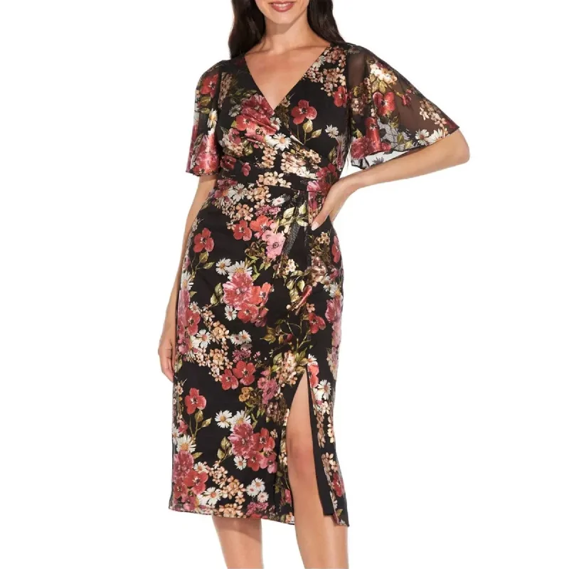 Last Chance Sale Adrianna Papell Floral Foiled Print Mesh Draped Midi Dress