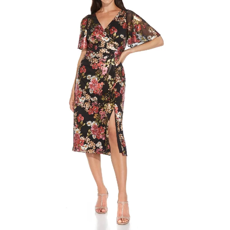 Weekend Special Offers Adrianna Papell Womens Petites Foiled Midi Cocktail and Party Dress