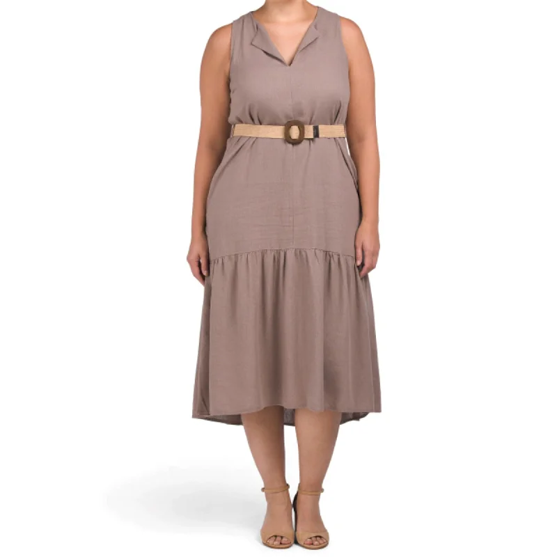 Weekend Deals You’ve Been Waiting For Adyson Parker Linen Belted Split Neck Tiered Midi Dress