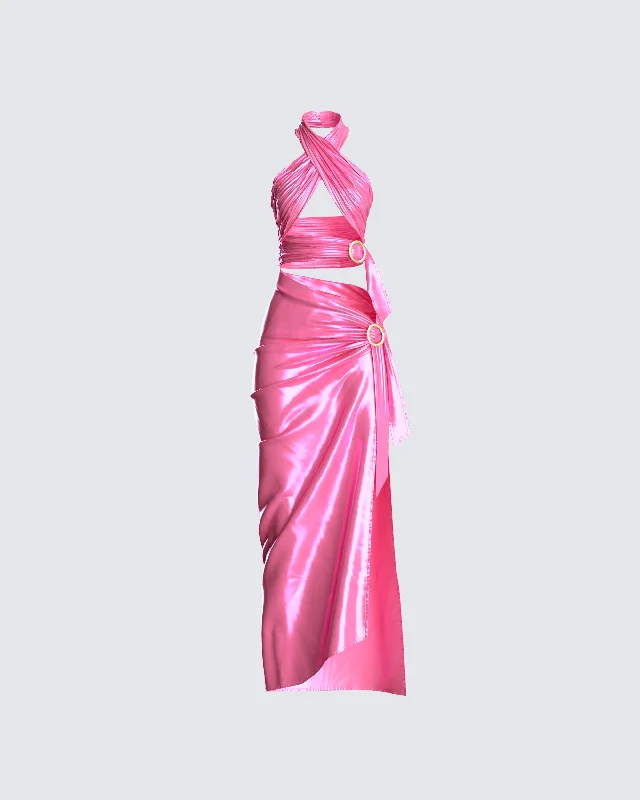 Exclusive Offer Alaina Pink Satin Maxi Dress