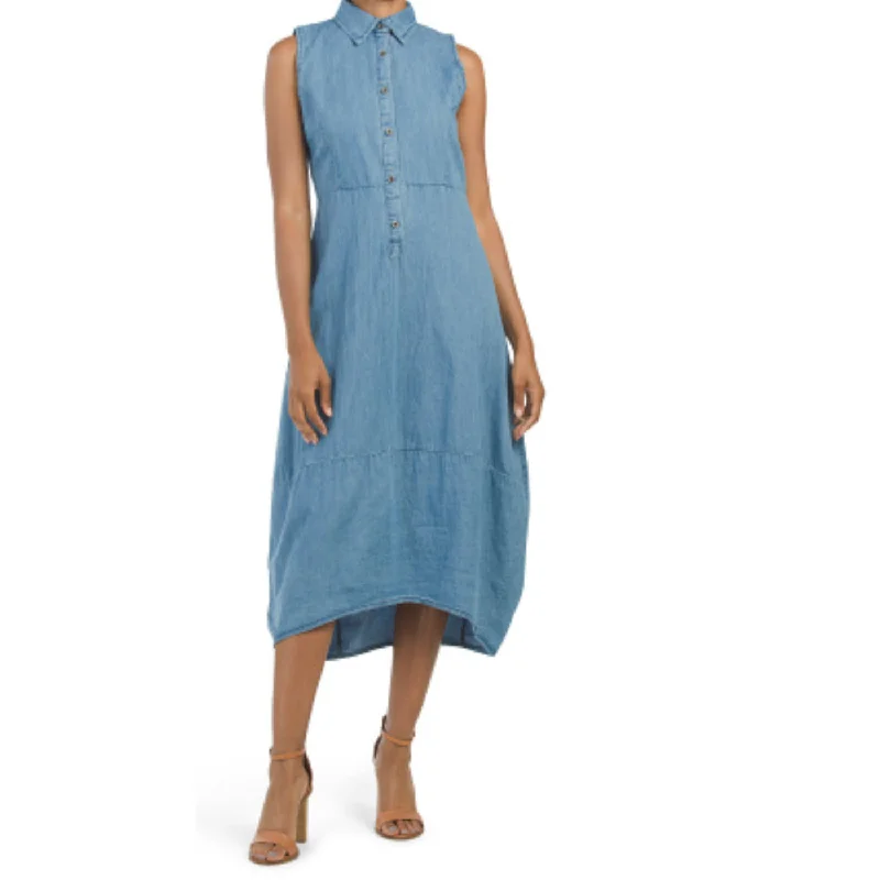 Grab Your Deal Rosarosae Women's Made In Italy Collared Button Front Denim Midi Dress