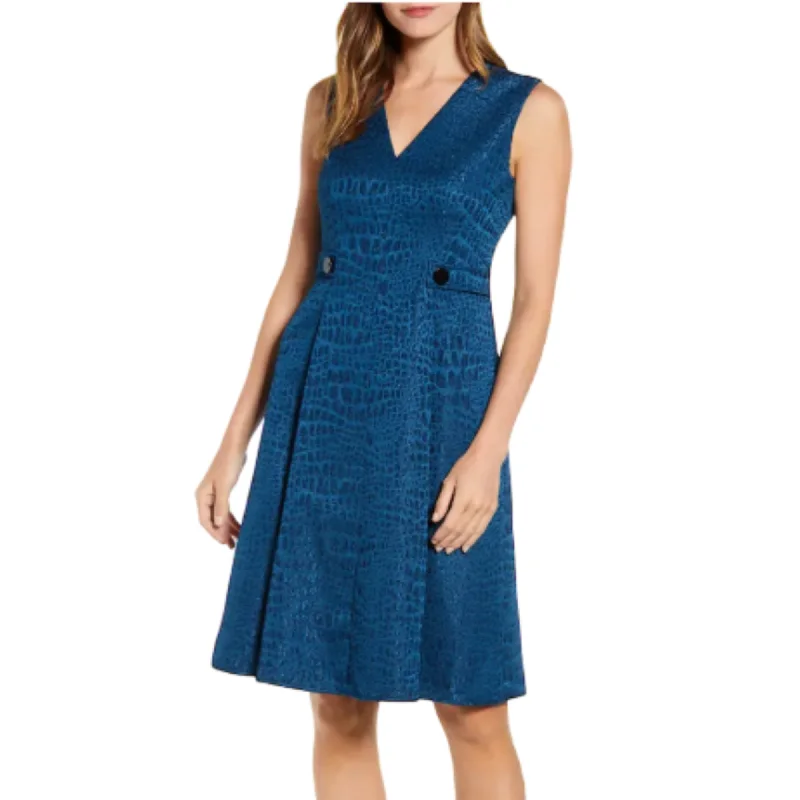 Big Bargain Bonanza ANNE KLEIN Women's Textured Jacquard Fit & Flare V-Neck Pleated Midi Dress