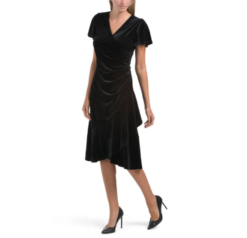 One-Stop Shop Sale Anne Klein Women's Dahlia Flutter Sleeve Ruffle Skirt Wrap Style Velvet Midi Dress