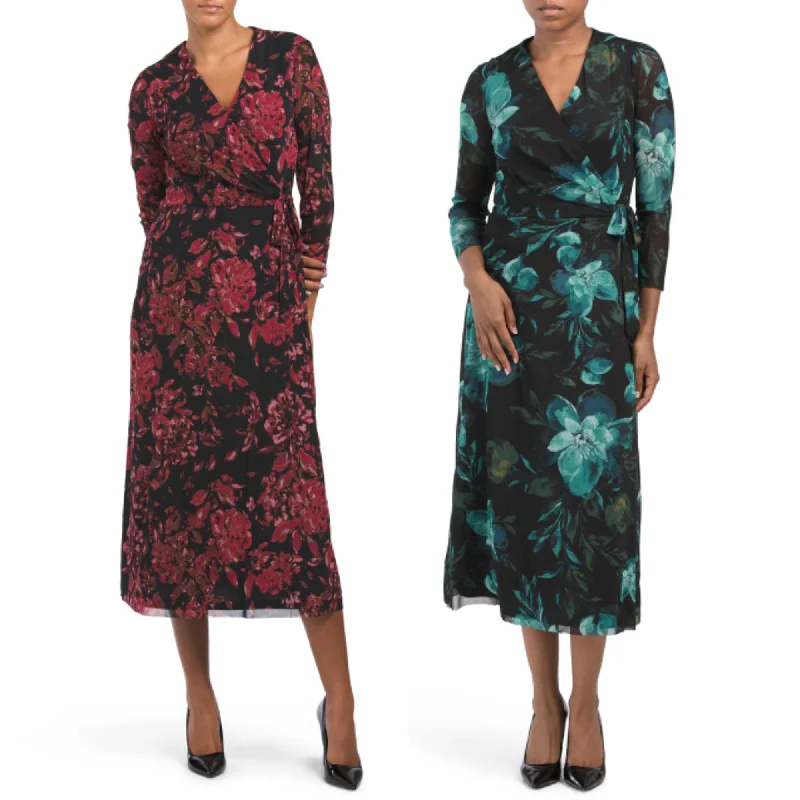 Unbeatable Flash Deals Anne Klein Women's Long Sleeve Floral Print Tie Waist Wrap Midi Dress
