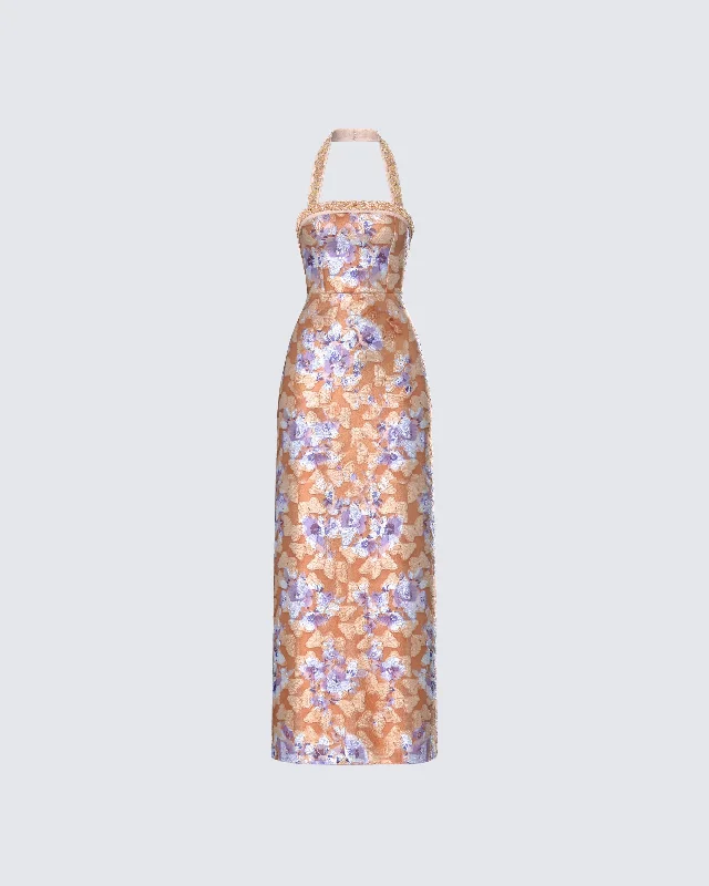 Weekend Discount Extravaganza Ari Orange Floral Burnout Maxi Dress