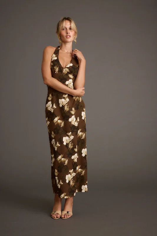 Weekend Flash Sale Audrina Brown Floral Halter Maxi Dress