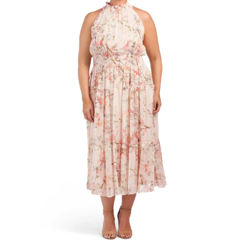 Weekend Price Drops TAYLOR Women's Plus Floral Print Smocked Waist Tiered Halter Midi Dress