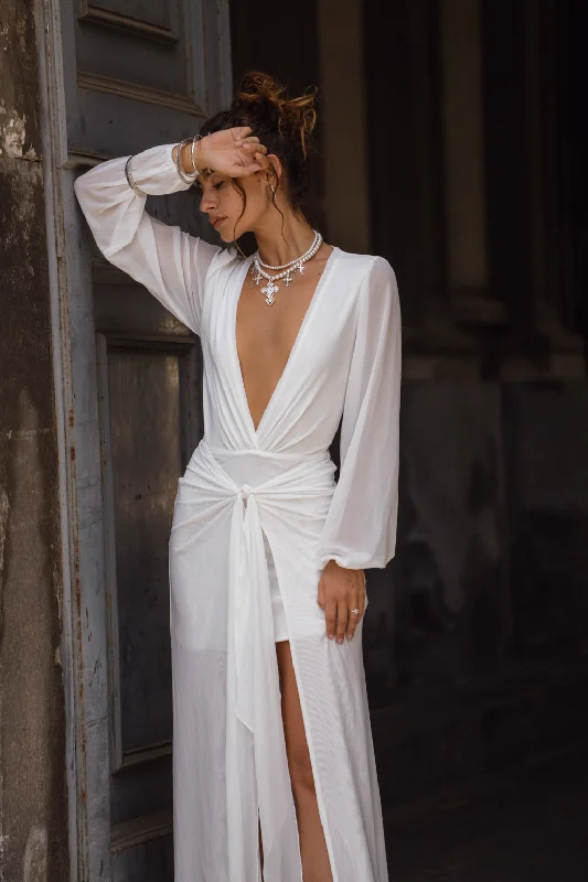 Weekend Steals Await Bella White Mesh Plunge Maxi Dress