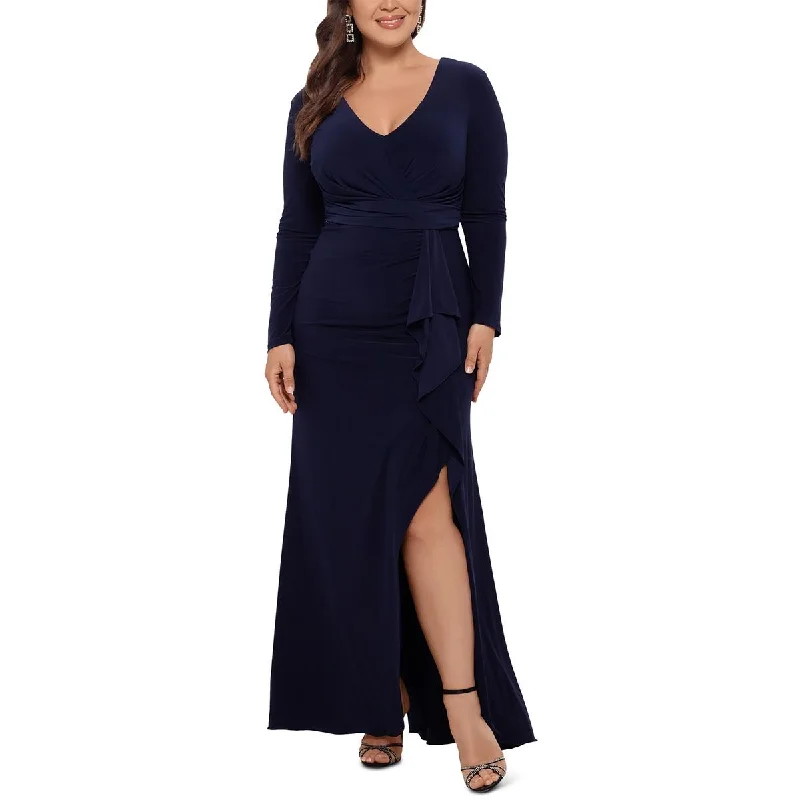 One-Day Sale Betsy & Adam Womens Plus Knit V-Neck Evening Dress