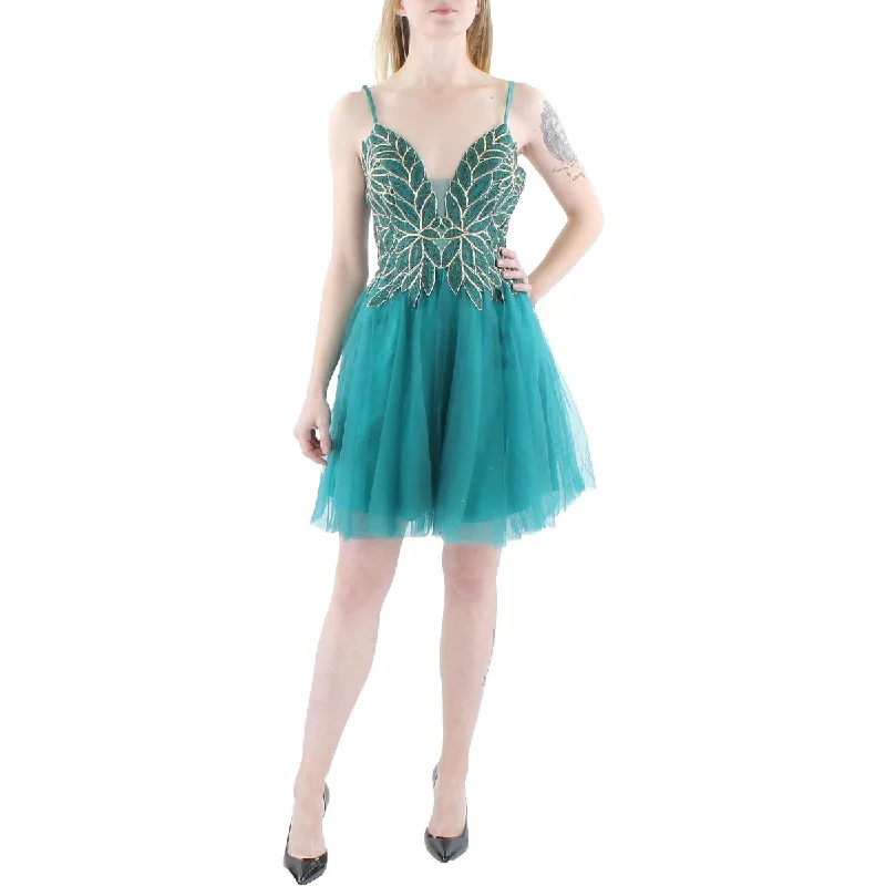 Flash Shopping Deal Blondie Nites Womens Juniors Mesh Beaded Fit & Flare Dress