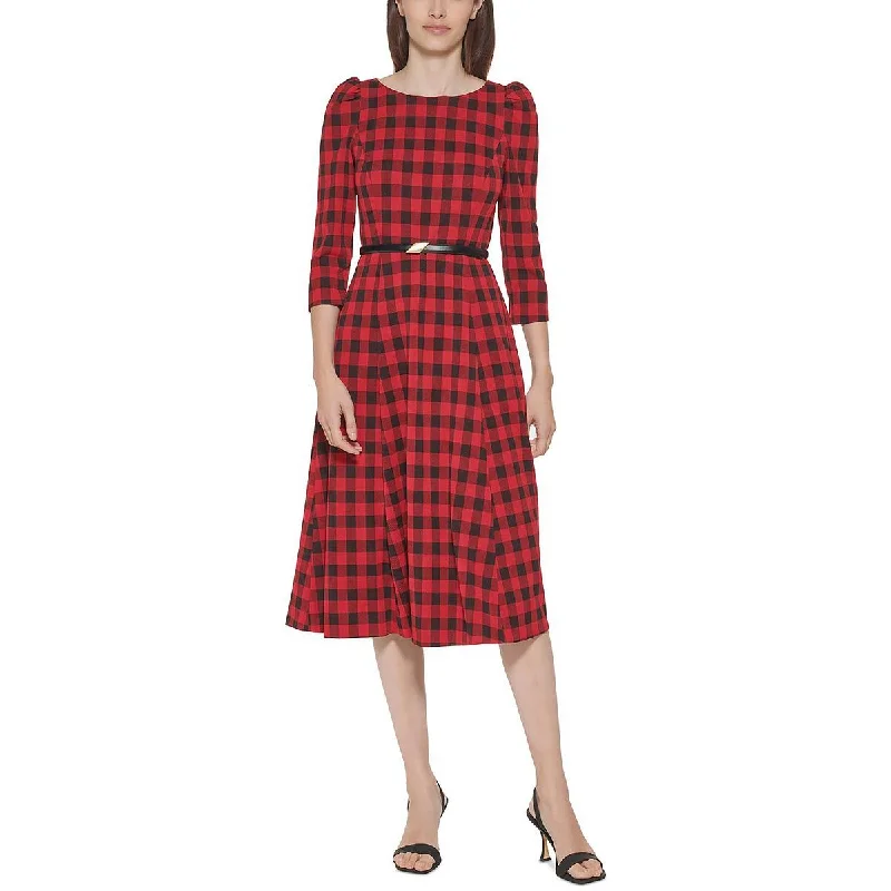 Limited Edition Calvin Klein Womens Petites Plaid Knee-Length Midi Dress