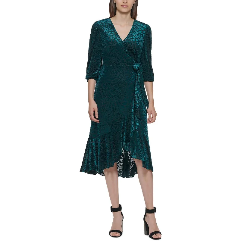Weekend Deal Fest Calvin Klein Womens Petites Velvet Burnout Mid-Calf Wrap Dress