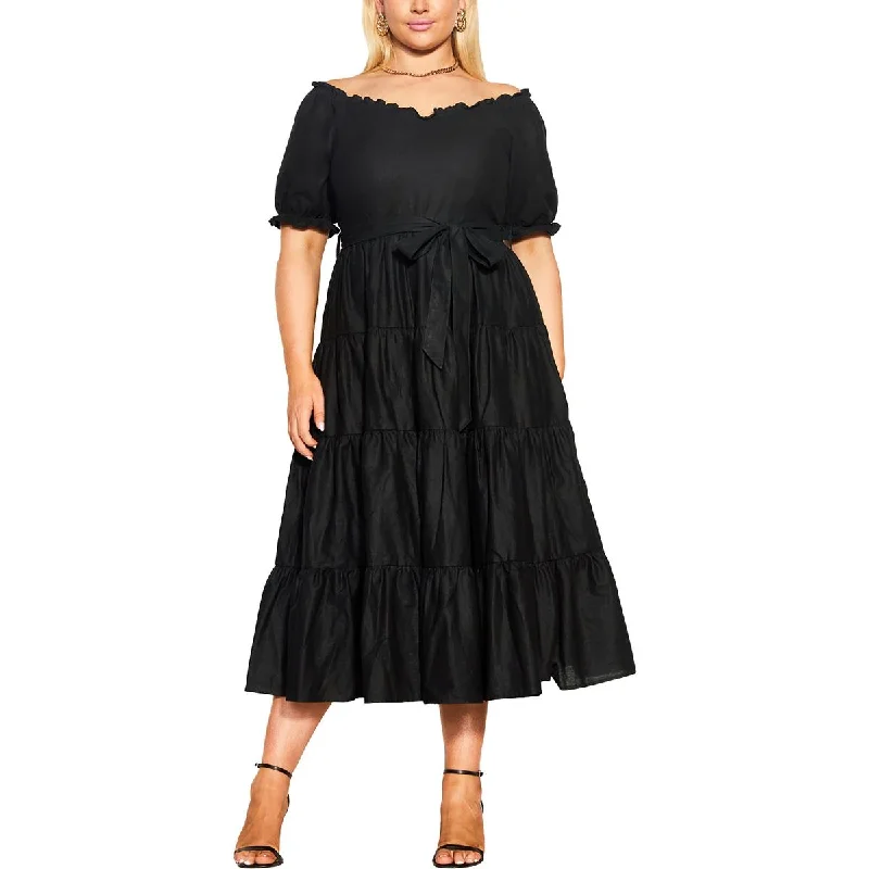 Price Cut Alert City Chic Womens Plus Linen Blend Tiered Midi Dress