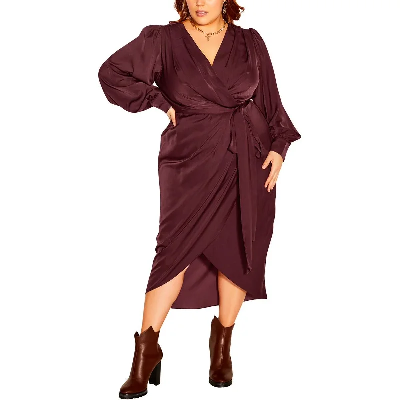 Limited Time Only City Chic Womens Plus Satin Long Sleeves Midi Dress