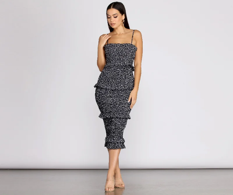 Weekend Markdown Madness Sweet & Smocked Charming Ditsy Ruffle Midi Dress