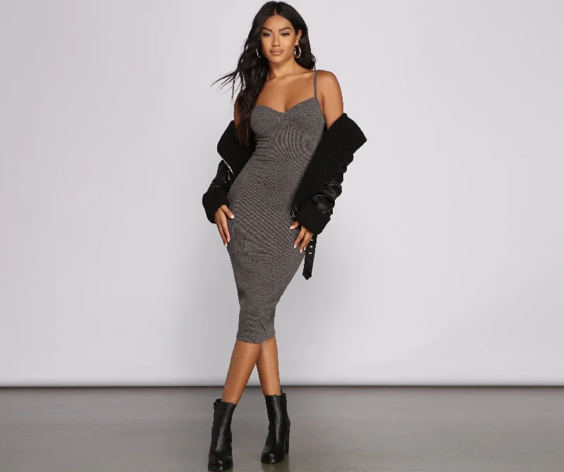 Big Offers Stylish Sweetheart Ribbed Charming Knit Midi Dress
