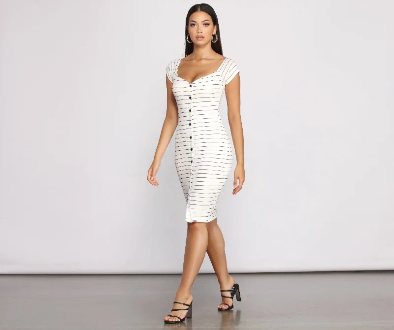 Time-Sensitive Offer Stripe It Down Ribbed Graceful Button Down Midi Dress