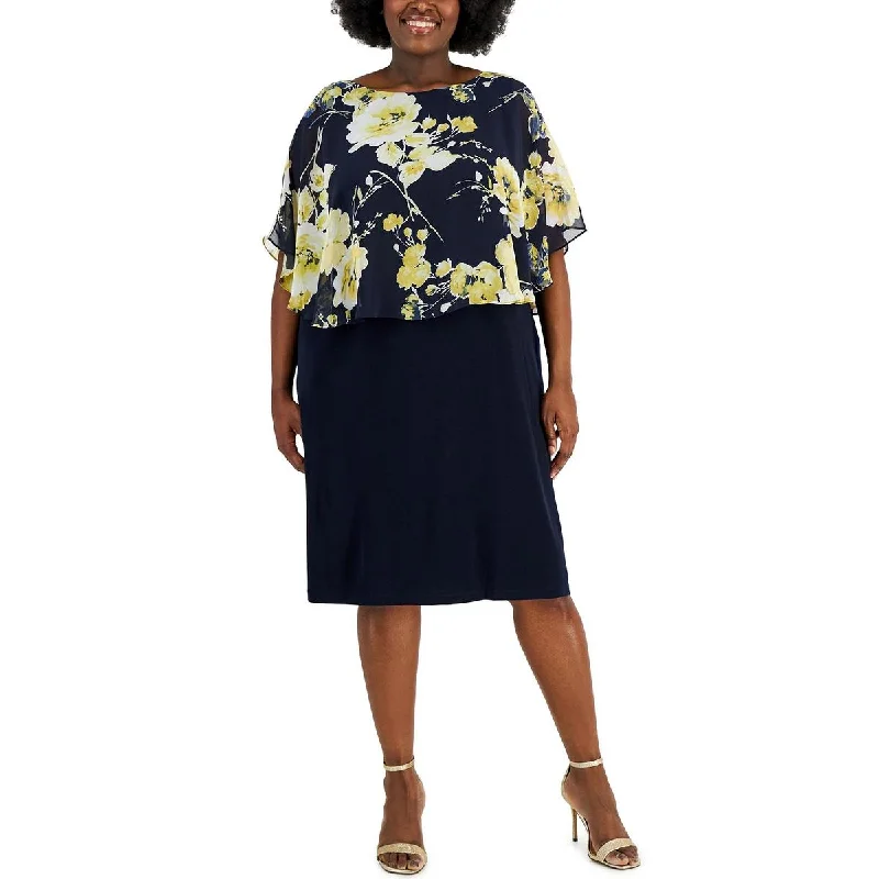 Weekend Deal Fever Connected Apparel Womens Plus Cape Overlay Mid-Calf Midi Dress