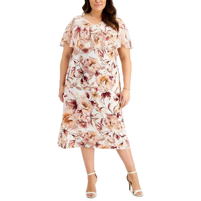 Flash Discounts Connected Apparel Womens Plus Floral Chiffon Midi Dress