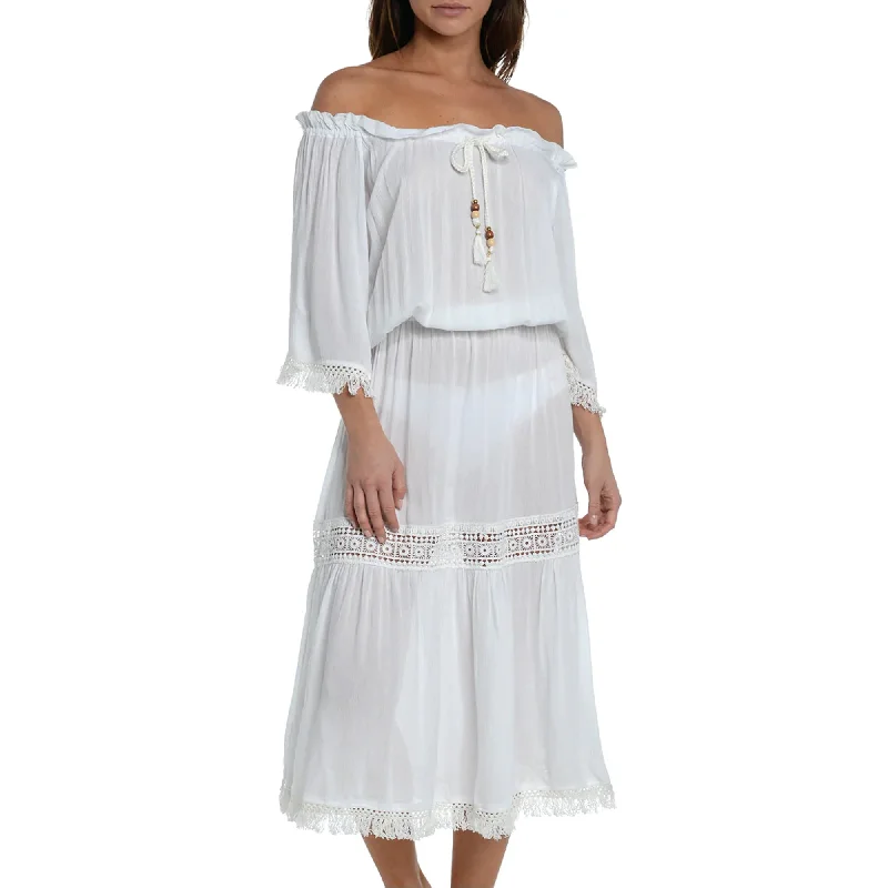 Weekend Special Bargains SUNSHINE 79 Women's Crochet Trim Off-the-shoulder Midi Dress Beach Swim Cover-Up