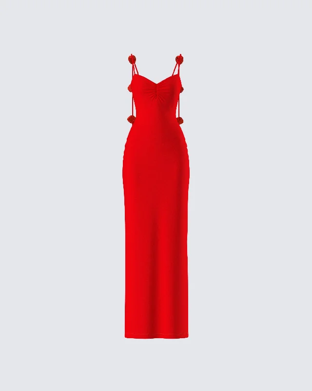 Weekend Hot Bargains Cordelia Red Rosette Maxi Dress