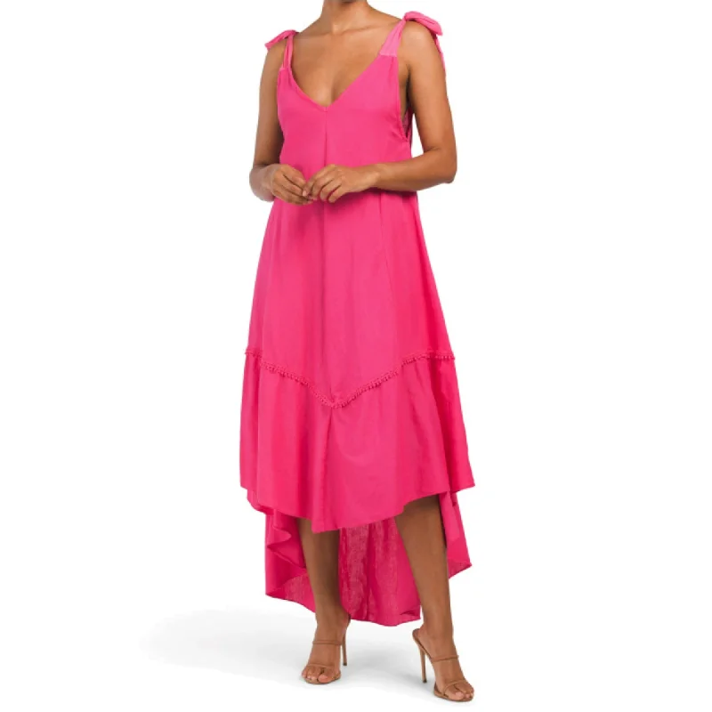 Weekend Price Breaks CRISTINA VERGANI Made In Italy Linen Blend Voile Shoulder Tie Bow Midi Dress