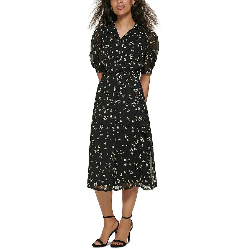 Final Clearance DKNY Womens Chiffon Floral Print Midi Dress