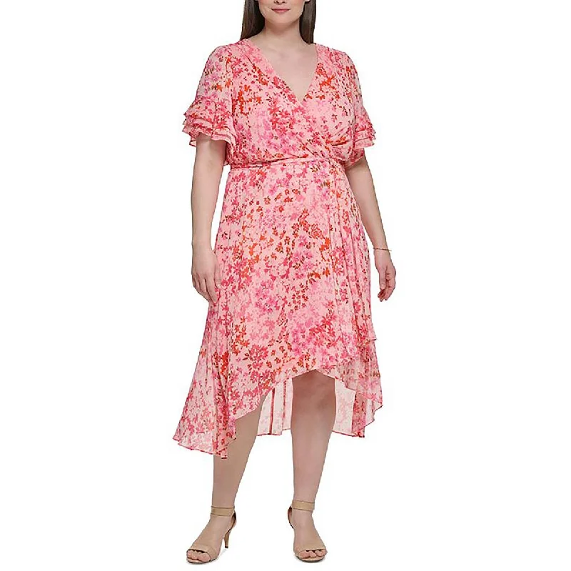 Deal of the Week DKNY Womens Plus Floral Ruffled Sleeve Midi Dress