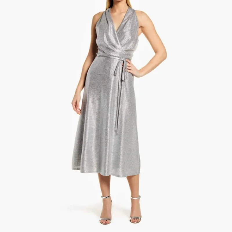 Flash Shopping Deal DONNA RICCO V-neck Metallic Shimmer Wrap Style Cocktail Party Midi Dress