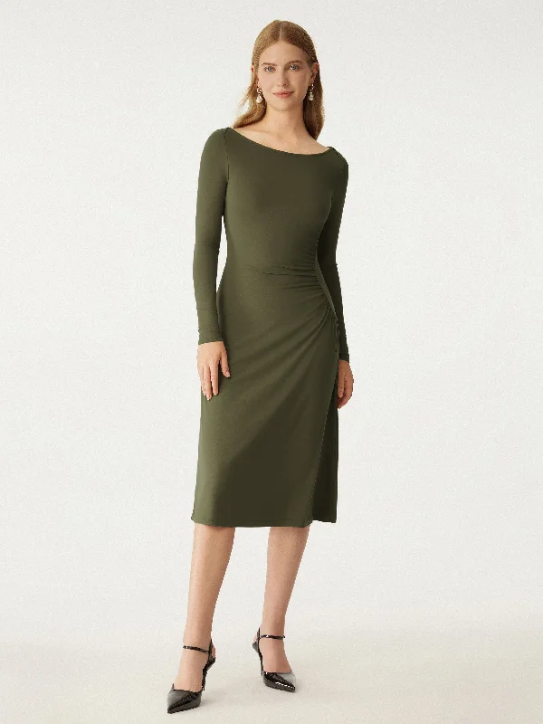 Weekend Hot Bargains Boat Neck Ruched Midi Dress