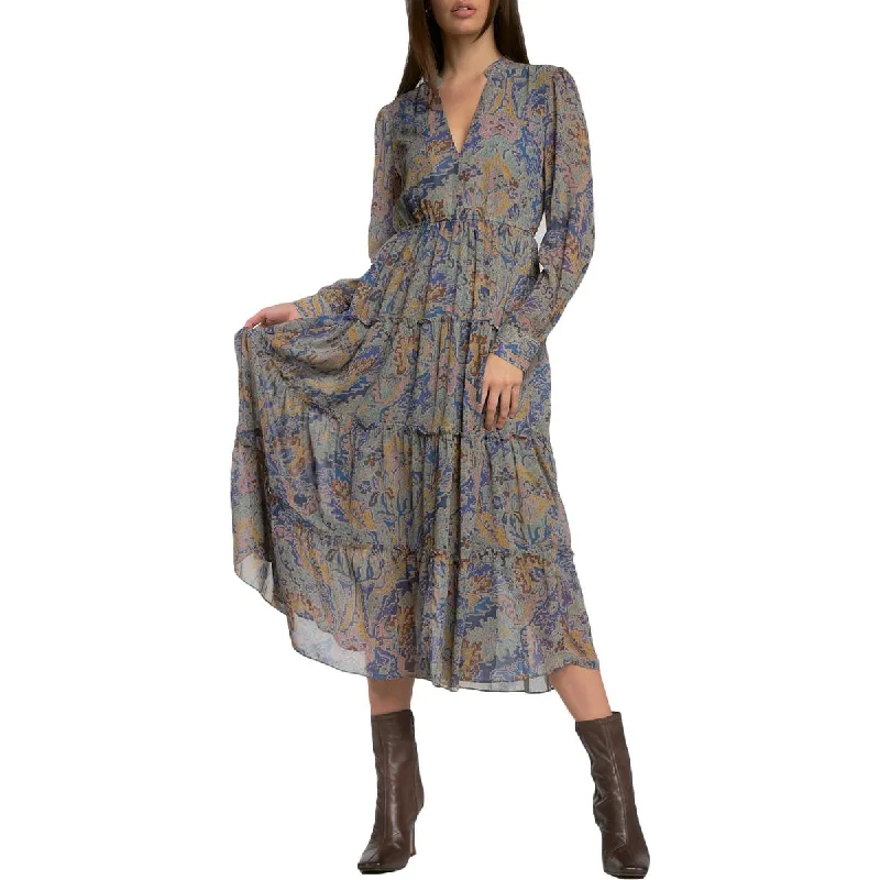 Best Offers Elan Women's Printed V-Neck Long Sleeve A-Line Midi Dress