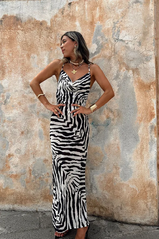 Weekend Special Sale Gianna Zebra Cowl Neck Chiffon Maxi Dress