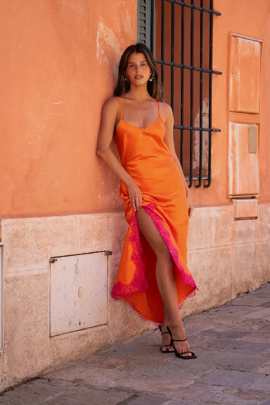 Weekend Big Savings Gigi Orange Satin Maxi Dress
