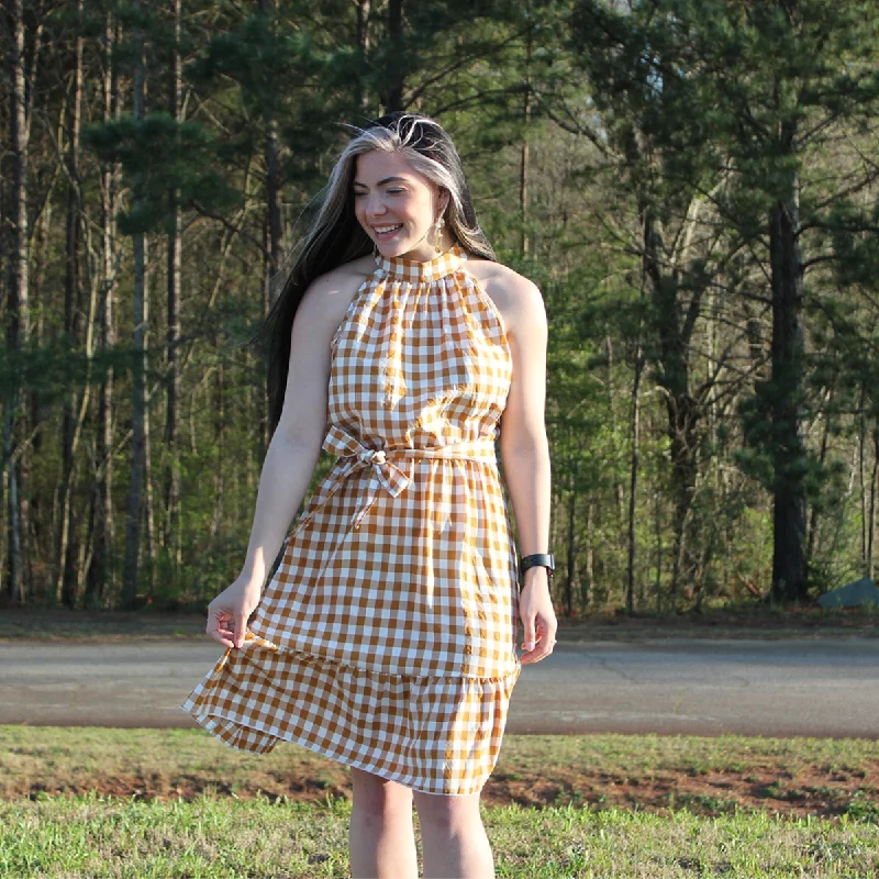 Big Savings Halter Sleeveless Plaid Midi Dress Khaki