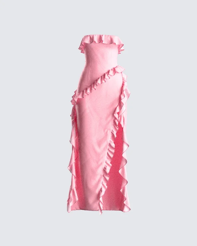 Weekend Shopping Madness Ina Pink Chiffon Ruffle Maxi Dress