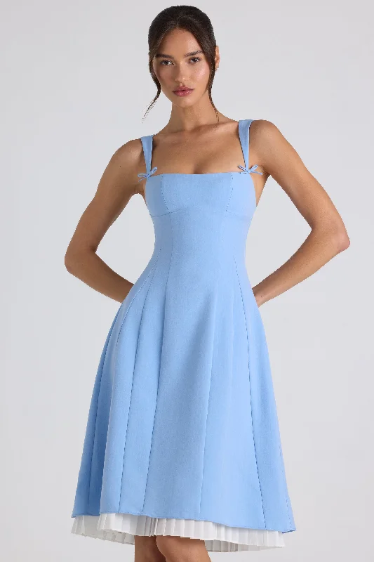 Weekend Steals Await Bow-Detail Pleated A-Line Midi Dress in Sky Blue