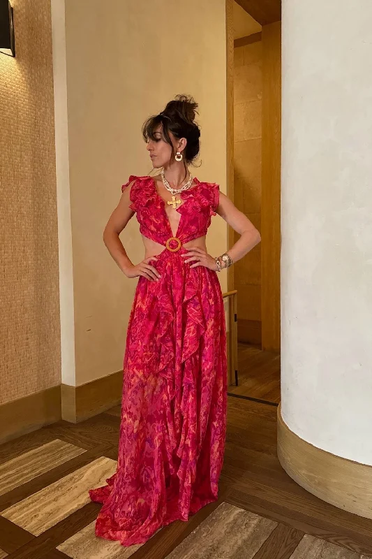Weekend Savings Bonanza Jolie Pink Printed Ruffle Maxi Dress