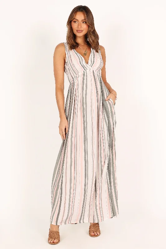Weekend Clearance Frenzy Judd V Neck Maxi Dress - Olive Stripe