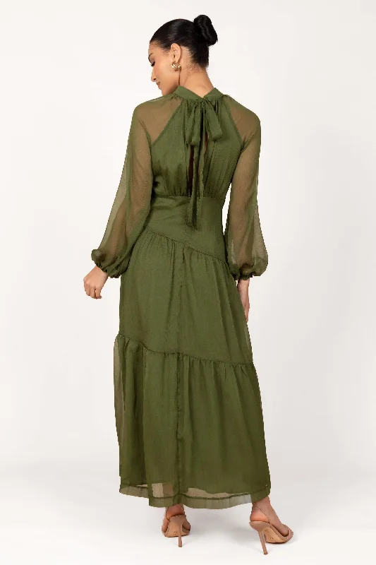 Weekend Savings Bonanza Julip Sheer Long Sleeve Maxi Dress - Olive