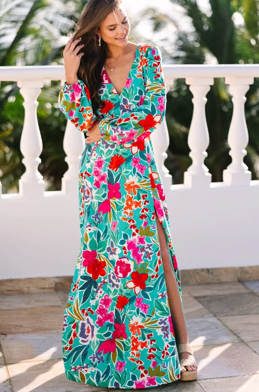 Super Savings Just Feels Right Teal Blue Floral Maxi Dress