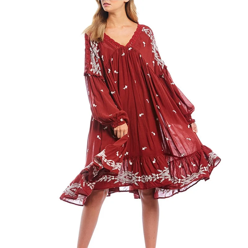 Exclusive Flash Sale KHALEE YOSE Lavender Field Midi Dress Floral Embroidered Boho Women Dress Vintage Loose Long Sleeve Beach Cotton Tunic Dress