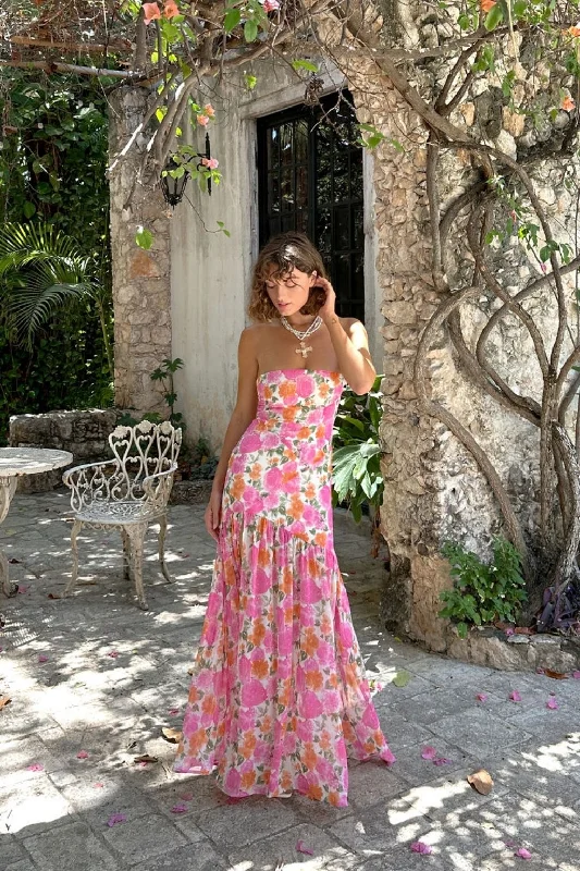 Weekend Promo Offers LaBelle Strapless Drop Waist Pink Floral Maxi Dress