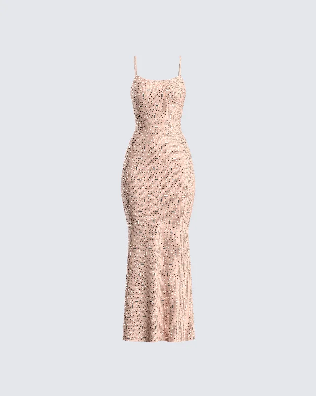 Weekend Sale Marathon Lan Nude Rhinestone Maxi Dress