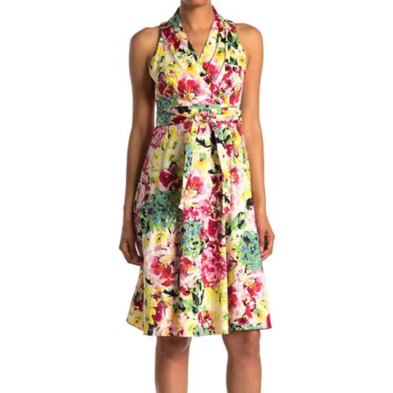 Shop & Save Now London Times Women's Cotton Blend Floral Print Belted Fit & Flare Midi Dress