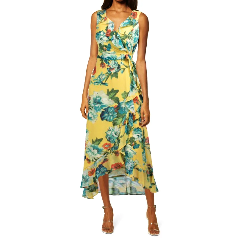 Instant Savings London Times Women's Floral Print Ruffle Trim Wrap Chiffon Midi Dress